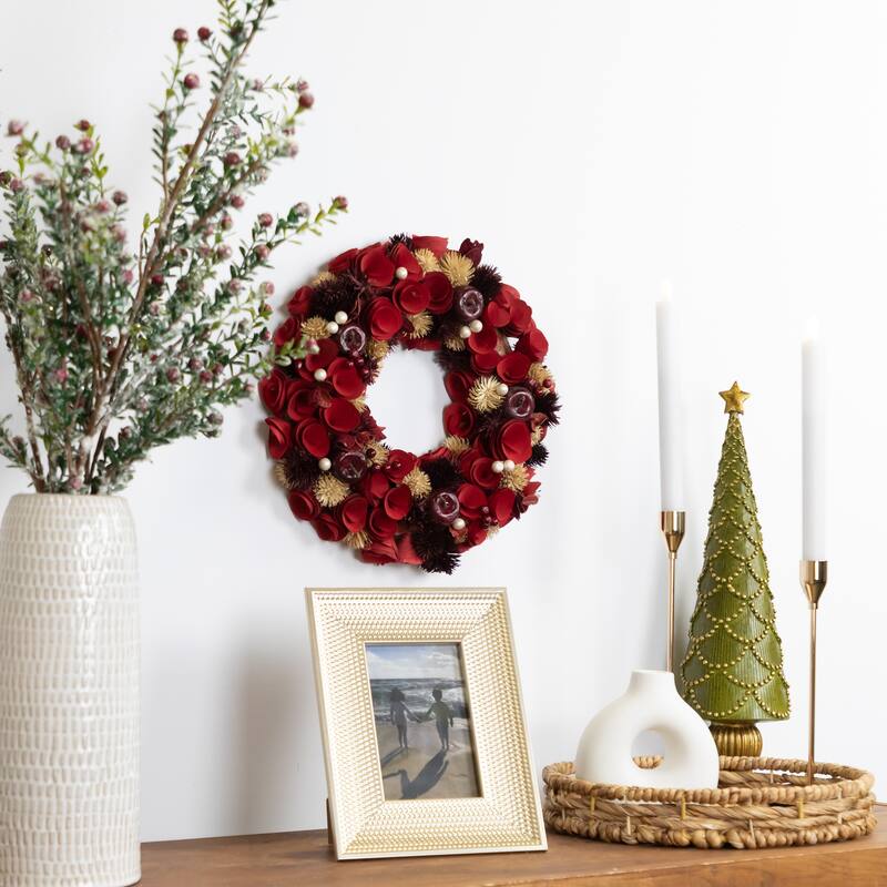 Red Wooden Roses with Apples and Pearls Artificial Christmas Wreath 13-Inch Unlit. - 13"