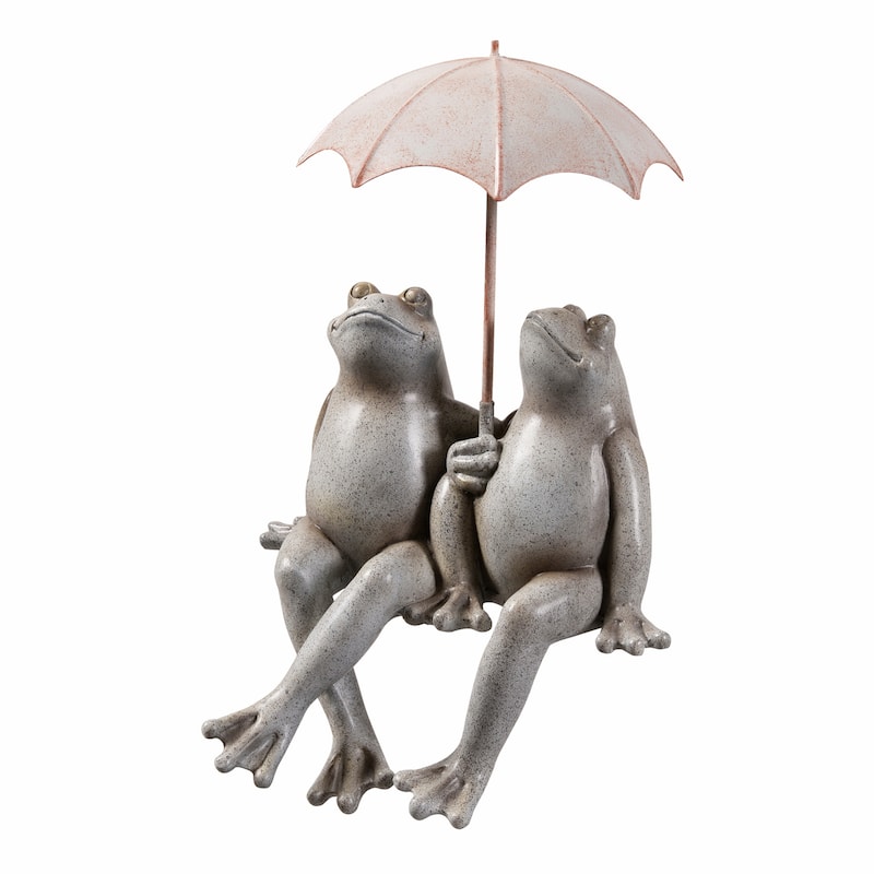 Sitting Couple Frogs with Umbrella Outdoor Garden Statue - 9"