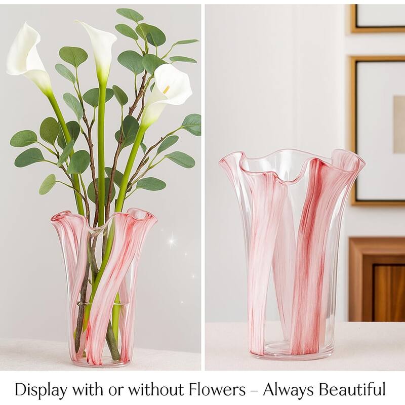 Pink Striped Handblown Glass Set of Two Scalloped Edge Vases