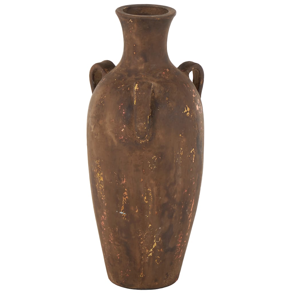 Ceramic Antique Style Distressed Vase with Handles - Dark Brown - Roche River Decor - 11"W x 10"L x 24"H
