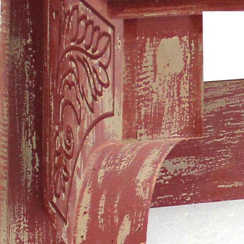 Wooden Wall Shelf with 4 Hooks and Carved Side Frames, Distressed Red