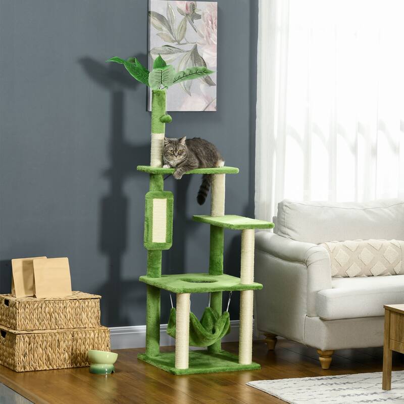 56" Cat Tree for Indoor Cats with Hammock, Cat Tower with Scratching Post, Platforms, Play Ball and Anti-tipping Device - Green