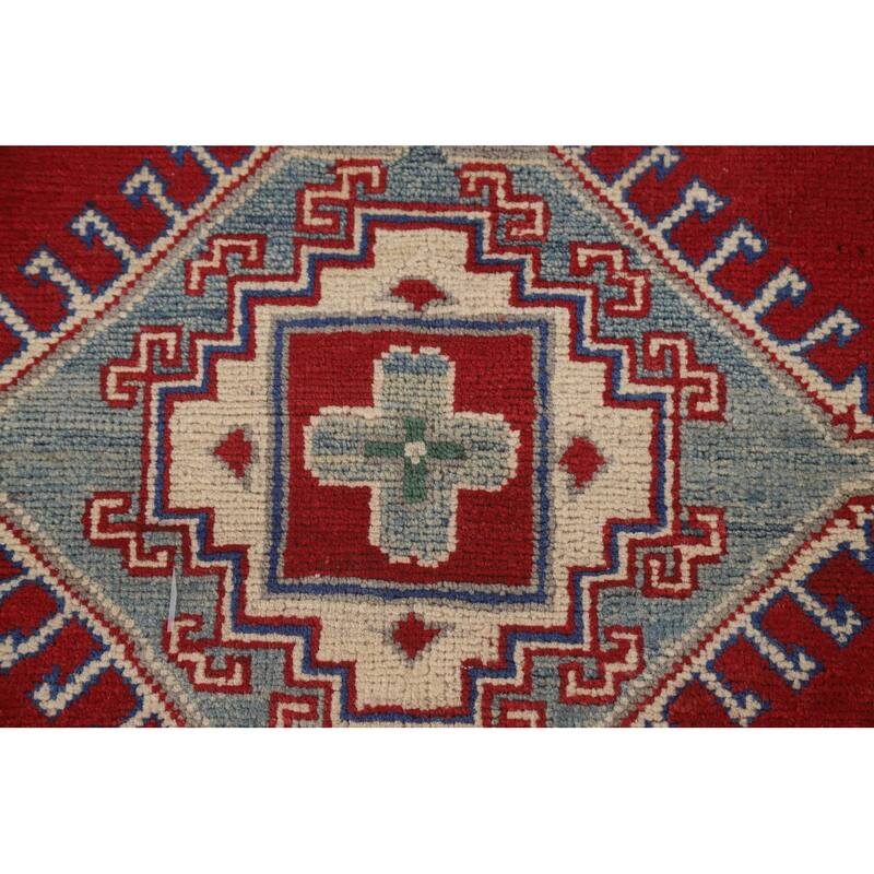 Red Geometric Kazak Area Rug Hand-Knotted Oriental Wool Carpet - 5'5" x 6'5"