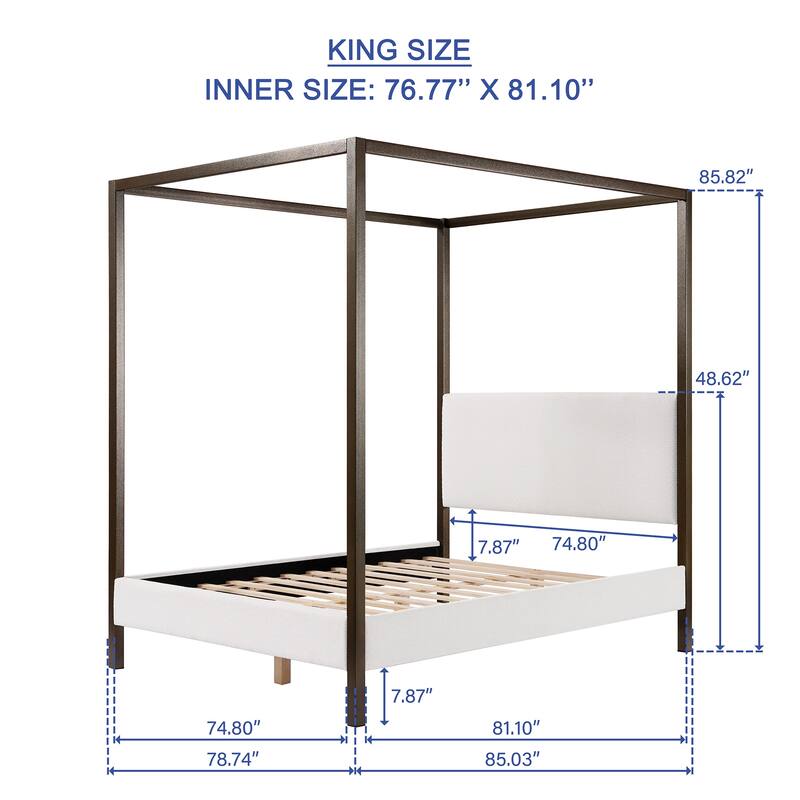 Metal Canopy Bed Frame with Upholstered Headboard & Copper 4 Poster/Wood Slats Support/No Box Spring Needed/Easy Assembly/White