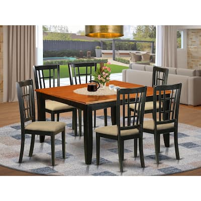 HomeStock 7-Piece Square Black & Cherry Finish Solid Wood Top Dining Table with 6-Chairs with Lattice Back