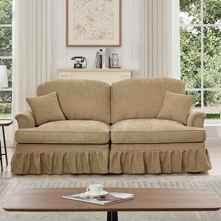 Elegant Mid Century Large Two Seater Modular L Shaped Sofa Couch with Flared Arms and Removable Ruffles Pleats Skirts and Spindle Legs, Comfy Chenille Loveseat Sofa with Movable Ottoman, Beige White