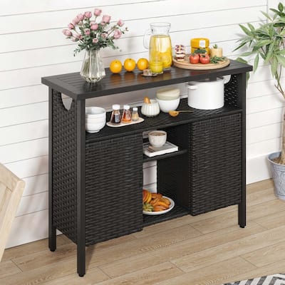 Moasis Wood and Wicker Outdoor Sideboard Storage Cabinet with Adjustable Shelves