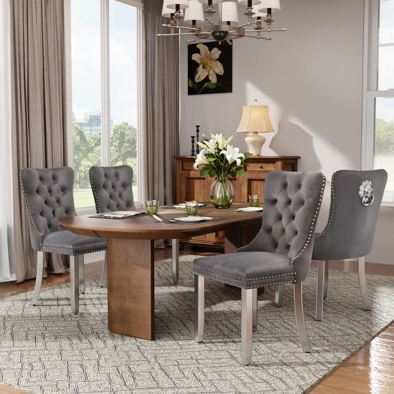 High-end Tufted Velvet Upholstered Nailhead Dining Chair Set of 6