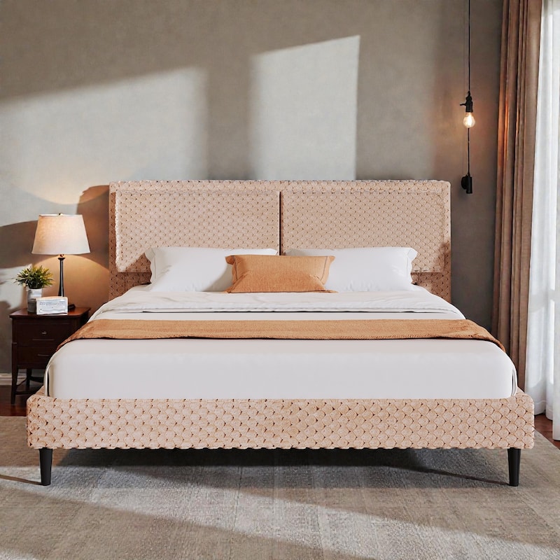 Modern Plush Upholstered Bed with Soft Padded Backrest, Solid Wood Frame & Rounded Safety Design, Queen/King