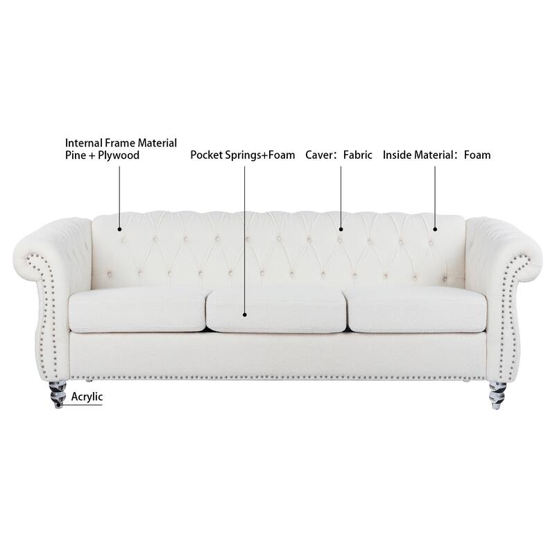 84.65" Polyester Chesterfield Sofa with Rolled Arms (3-Seater)