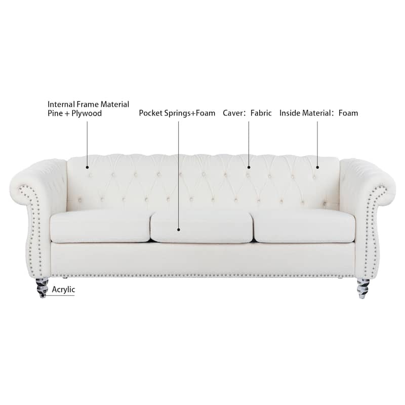 Chesterfield Fabric 3 Seater Sofa, Tufted Upholstered Sofa with Rolled Arms, Lounge Sofa Chair with Wooden Legs