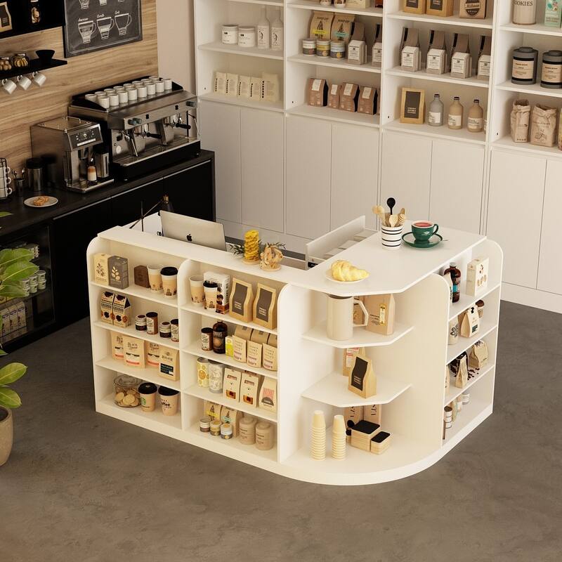 70.9" White Curved Front Desk with Shelving and Storage Reception Desk