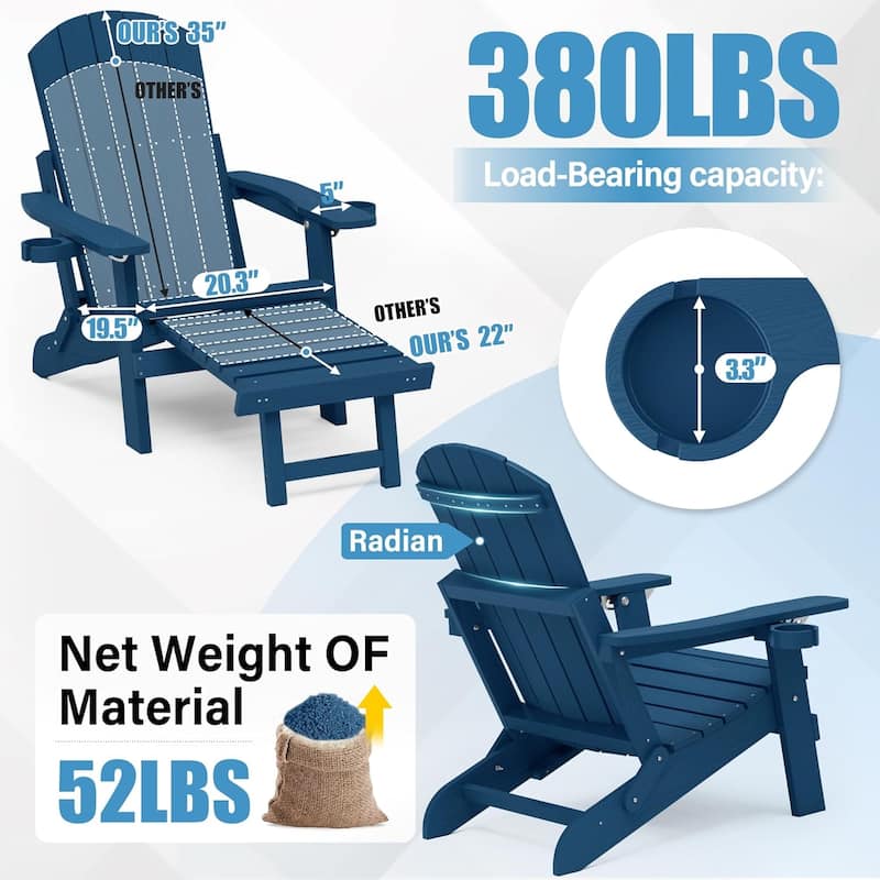WINSOON All Weather HIPS Folding Adirondack Chair with Adjustable Backrest and Retractable Ottoman