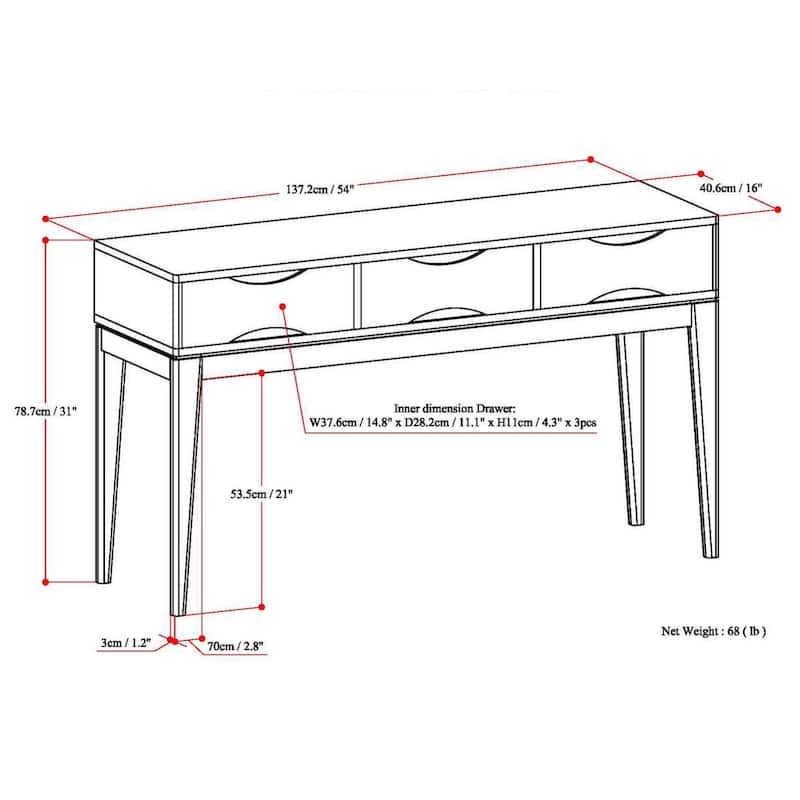 WYNDENHALL Pearson SOLID HARDWOOD 54 inch Wide Mid Century Modern Console Sofa Table - 54 W x 16 D x 31 H