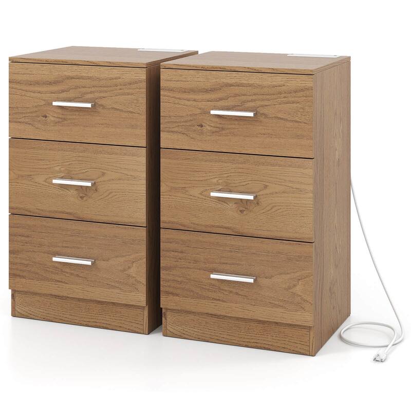 Costway 1/2 PCS Nightstand with Charging Station, 3 Storage Drawers