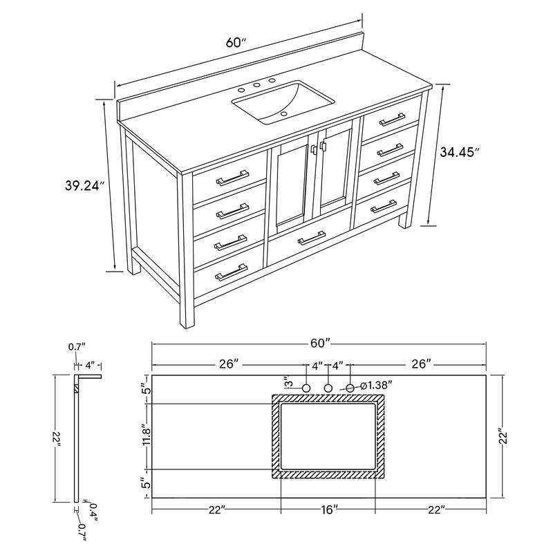 PROOX 60 in. W x 22in.D Freestanding Bath Vanity Engineered Top Single Rectangular Sink