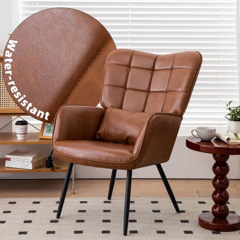 Modern Leather Armchair with Metal Legs and Soft Padded - Brown