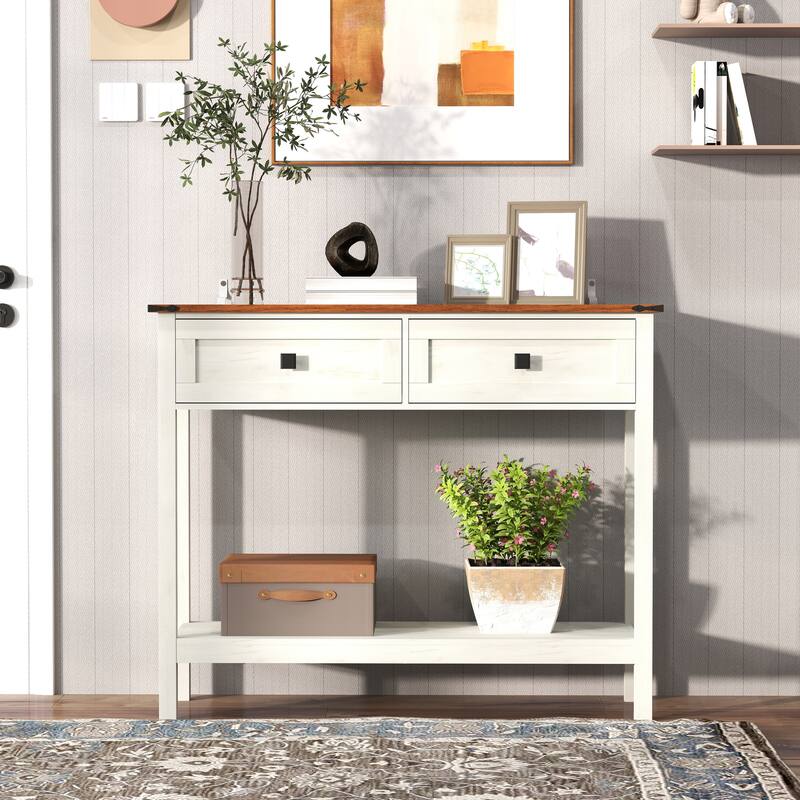 console table with 2 Drawer and buttom shelf - White