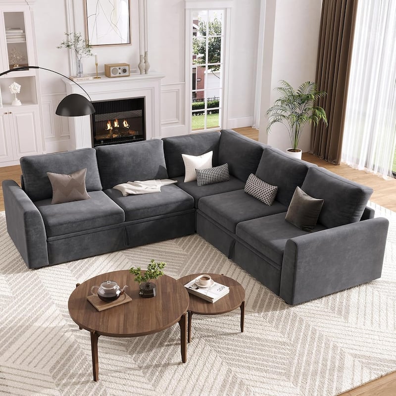 Sectional Sleeper Sofa with Pull Out Bed, Chenille Modular Sectional Sofa L Shaped Couch with Pull Out Couch