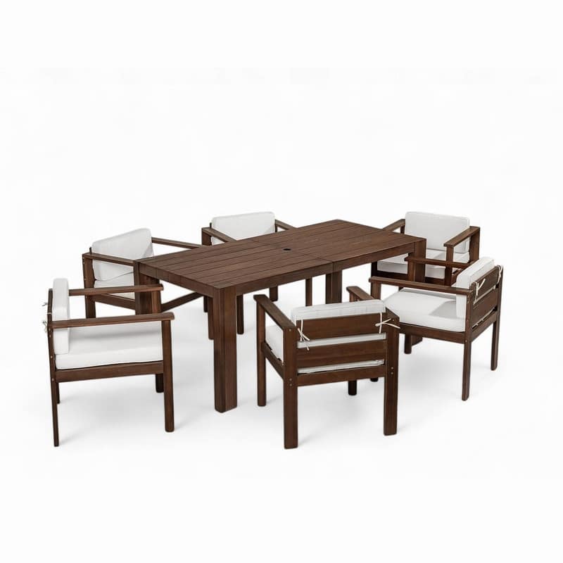 Acacia Wood 7-Piece Outdoor Dining Table Set with Chairs and Removable Cushions for Gatherings