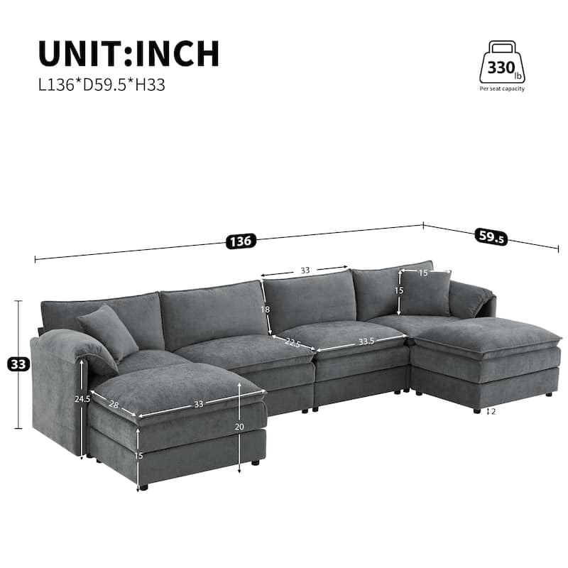 Roomfitters 136" Chenille Sectional Sofa, U Shaped Cloud Couch with Deep Wide Seat, 6 Seat Sofa with Ottoman