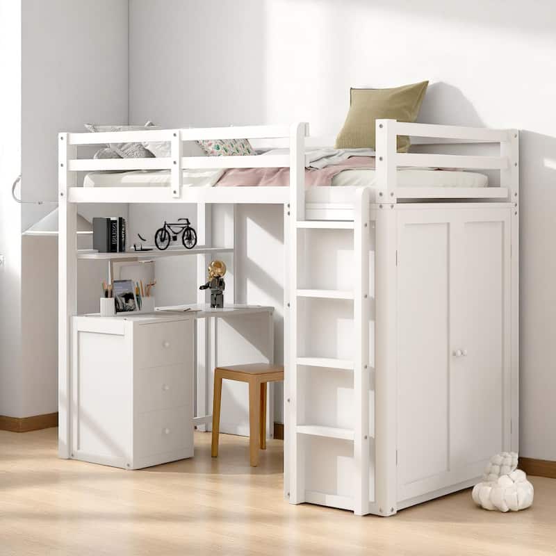 Wooden Twin/Full Loft Bed with Built-in Desk, Wardrobe Closet & Storage Drawers, Guardrail Design - White - Twin