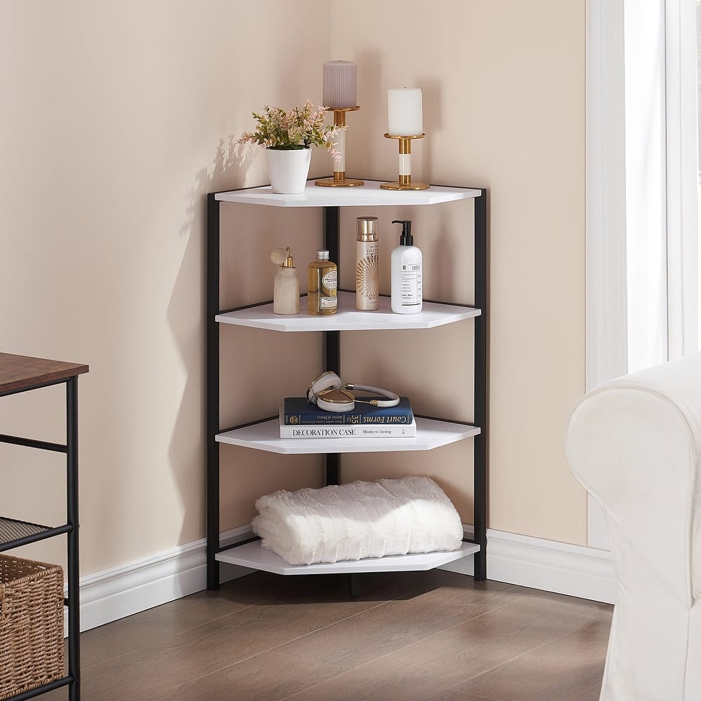 Javlergo Free-Standing 4-Tier Industrial Corner Bookcase Triangle Open Shelf with MDF & Metal Frame for Living Room
