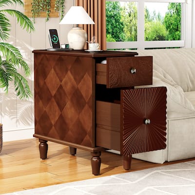 Slim Nightstand with Charging Station, Floor Standing Narrow Side Table, Wooden Storage Cabinet with 2 Drawers
