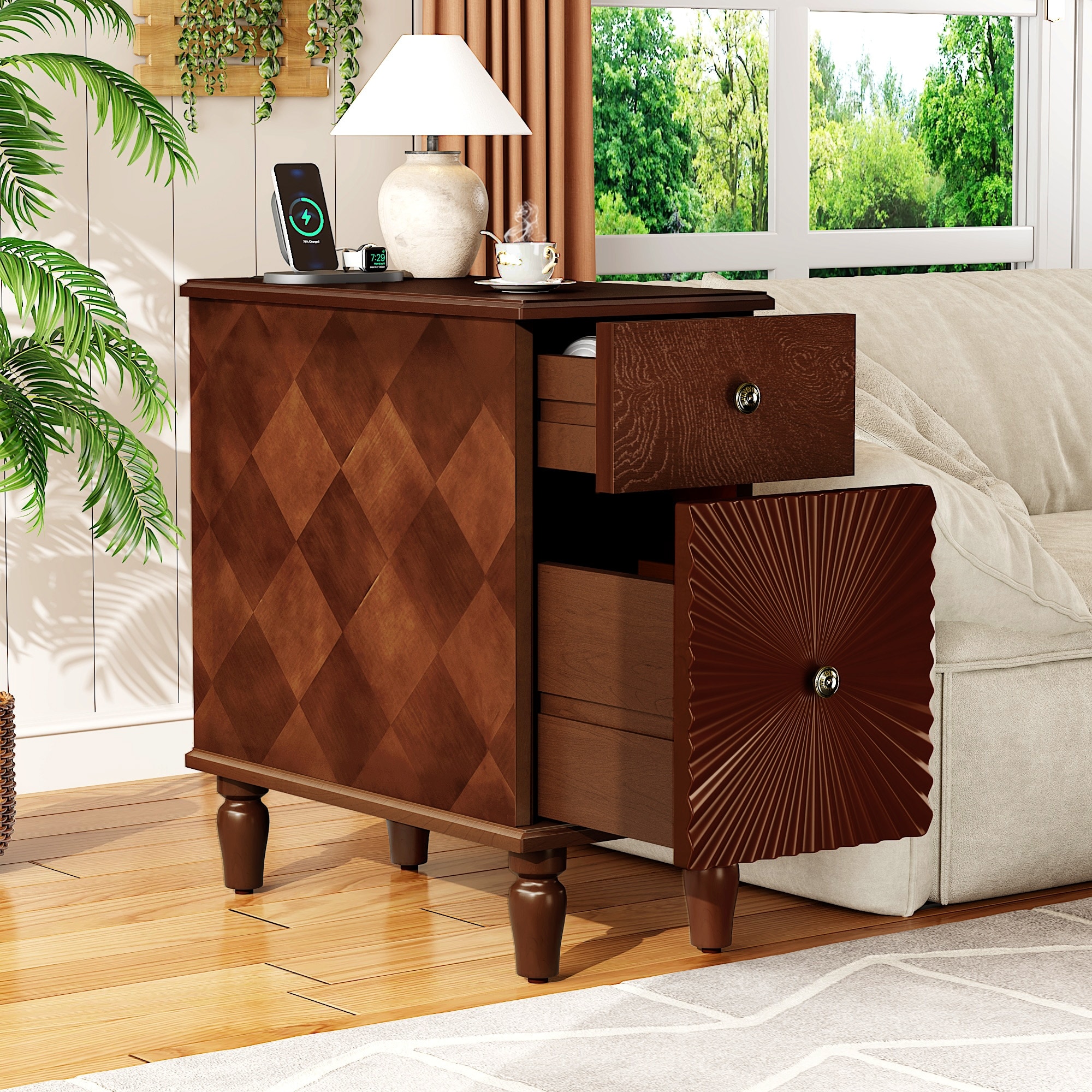 Sofa Side Table Slim Nightstand with 2 Drawers, Storage Cabinet File Cabinet Lamp Table Corner Table