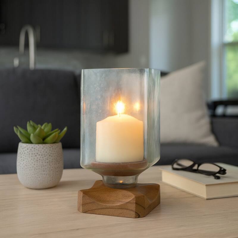 Decorative Wood and Glass Hurrican Pillar Candle Holder
