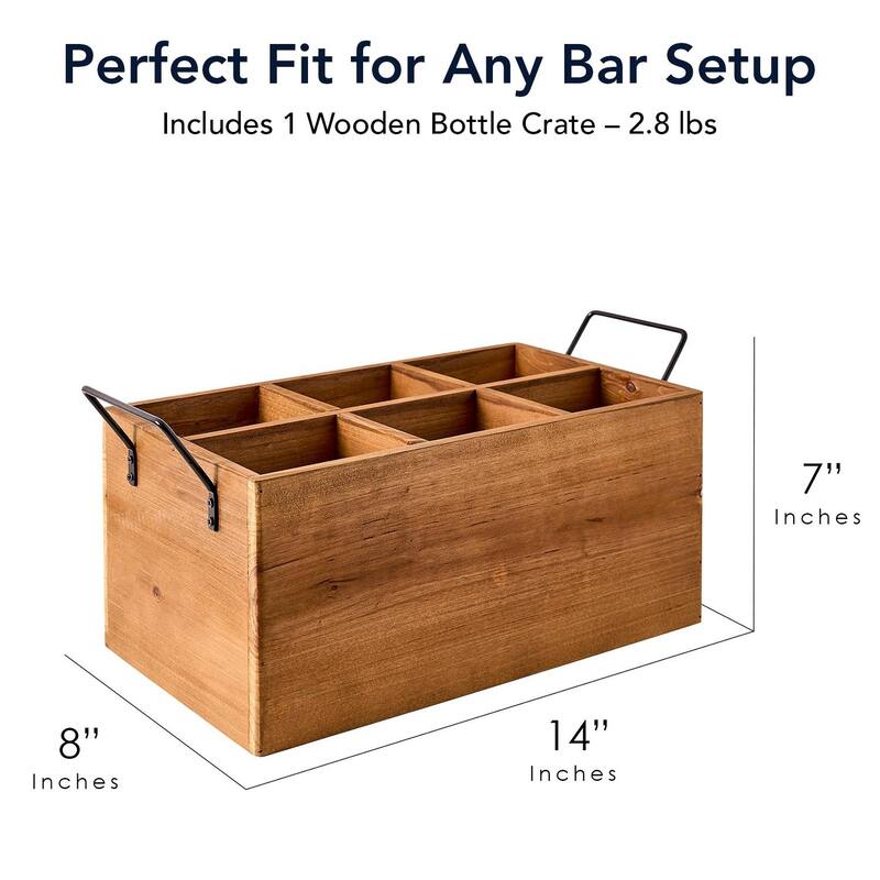 American Art Decor The Bourbon Bar Wood Crate Bottle Holder with Metal Handles - 7" H x 14" L x 8" D