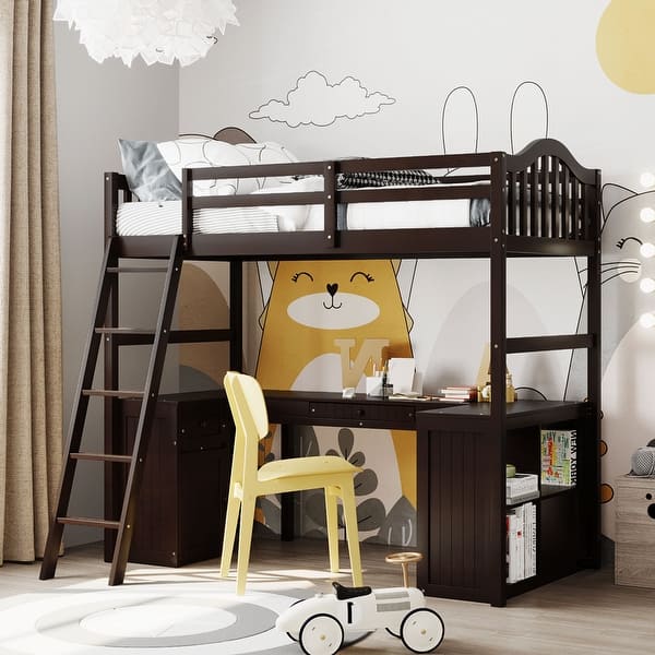 slide 2 of 28, Wooden Twin Size Loft Bed Frame with U-shaped Desk, Drawers, Cabinet, Storage Shelves, Ladder and Guardrails for Kids, Teens Espresso - Twin