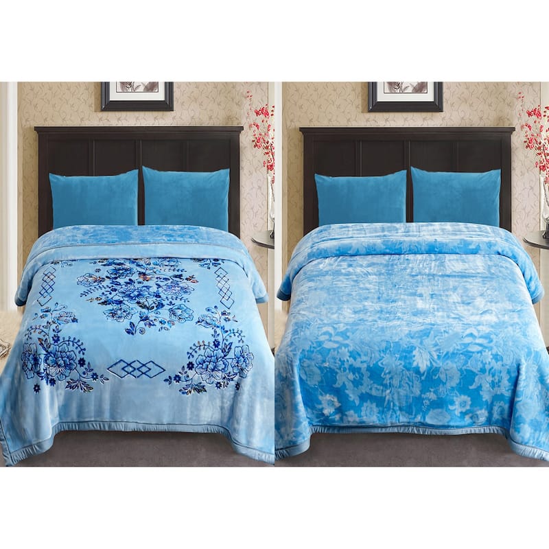 Reversible 10.5 Pounds Plush Fleece Blankets, 2 PLY A&B Design 87" x 95" Bed Blankets for Winter - Blue Flower