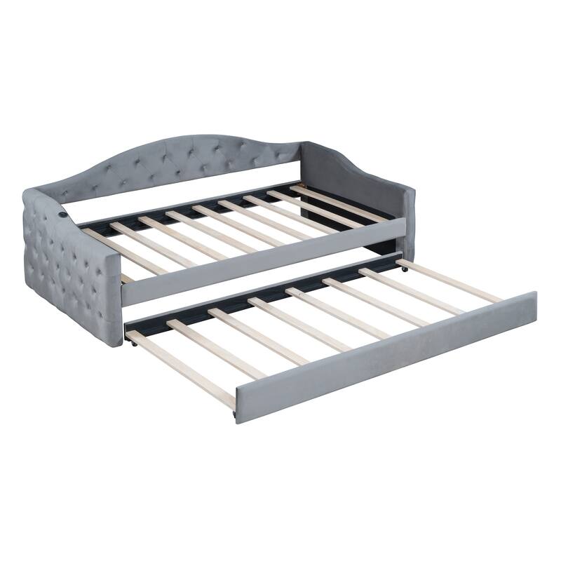 Tufted Upholstered Daybed with Trundle, USB and Type-C Charging Ports