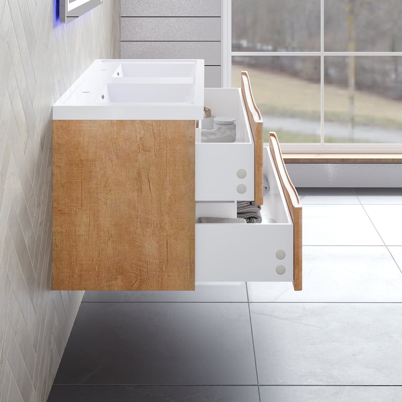Smile 48 in. Natural Oak Wall Mount Double Sink Bath Vanity with Acrylic Top and Integrated Sinks