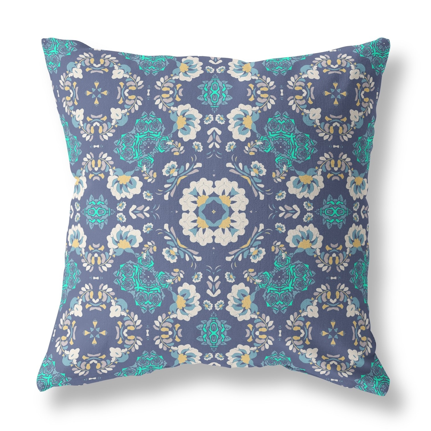 20" X 20" Blue And White Broadcloth Floral Throw Pillow