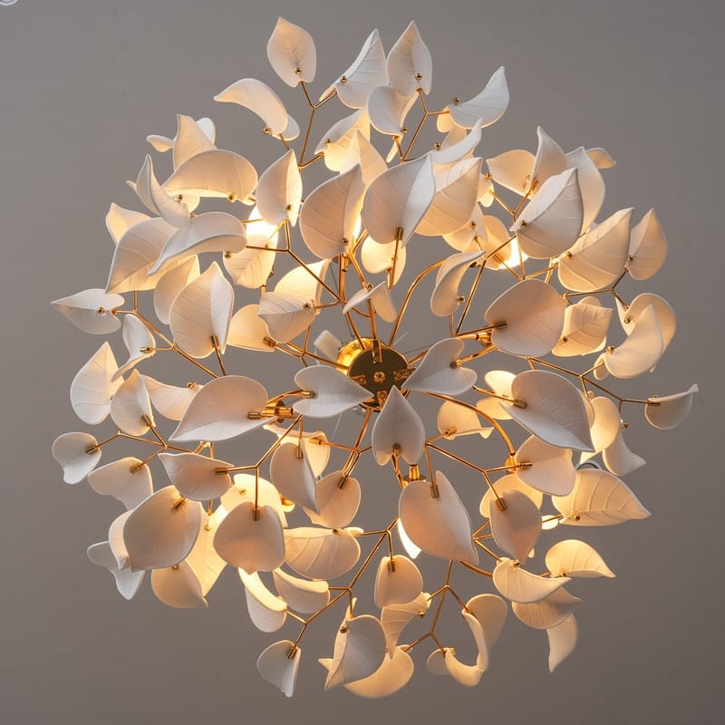 KAYLA 31.5" 6-Light Luxury Gold Round Chandelier, Modern Ceramic Leaf Branch
