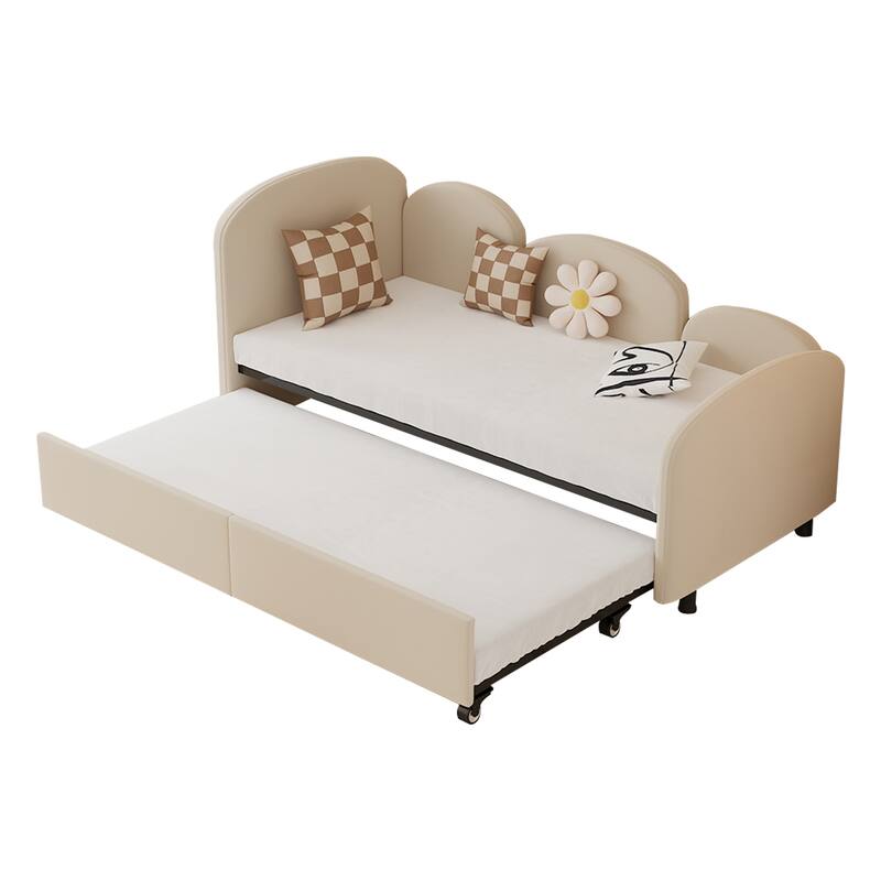 Twin Size Velvet Upholstered Daybed, Platform Bed Frame with Flower Design, Trundle Ideal for Bedroom and Guest Room