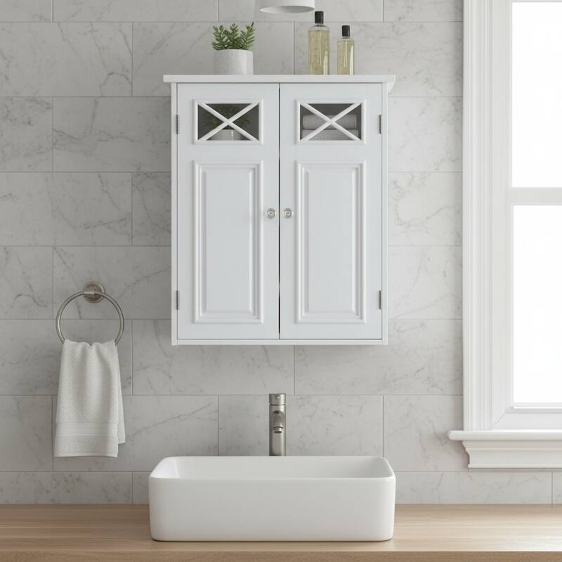 Teamson Home Dawson 2-Door White Bathroom Wall Cabinet, Removable Glass Panel, Adjustable Shelf, Cross Molding Storage