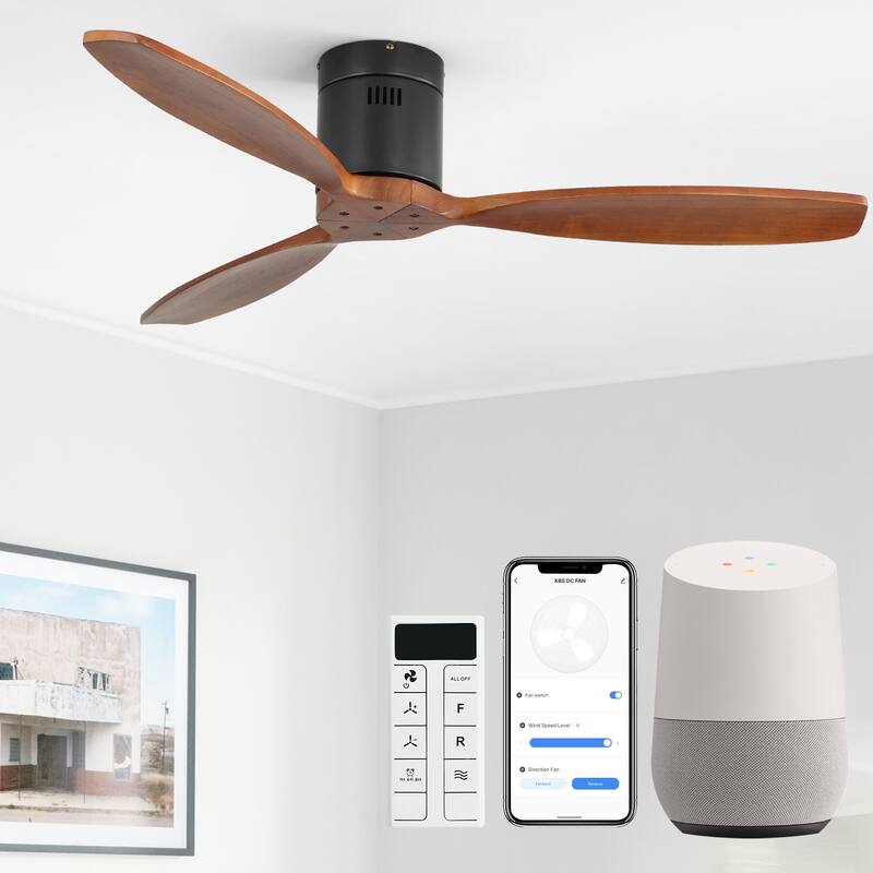 Sofucor 52inch Solid Wood Ceiling Fan with Lights and Remote,Flush Mount Quiet Reversible DC Motor,Smart Control Optional - Smart-No Light - Black with Walnut Blades