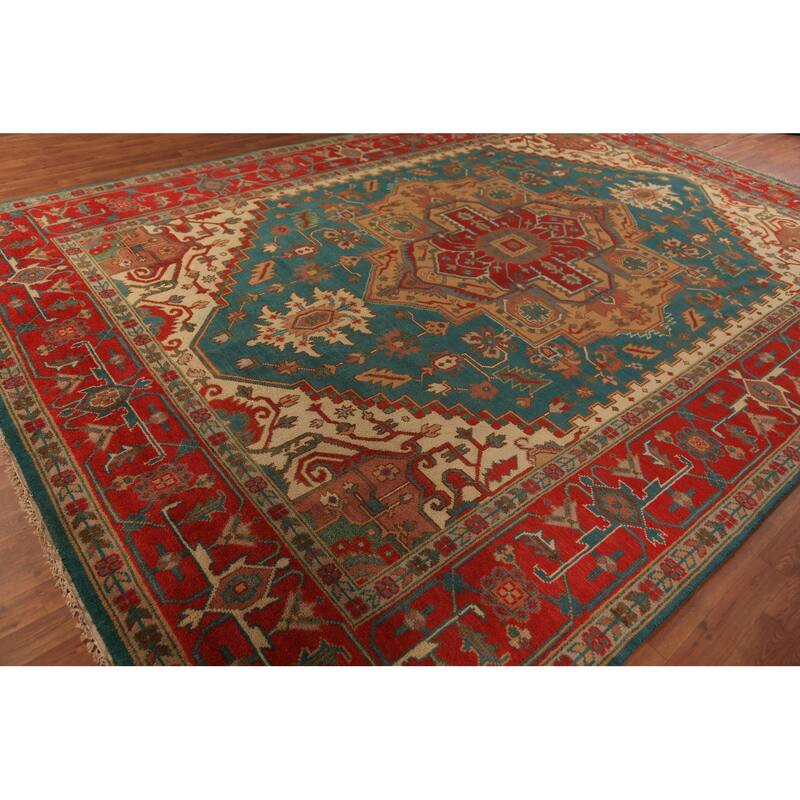 Green Medallion Oushak Indian Large Rug Hand-Knotted Wool Carpet - 9'7"x 13'9"