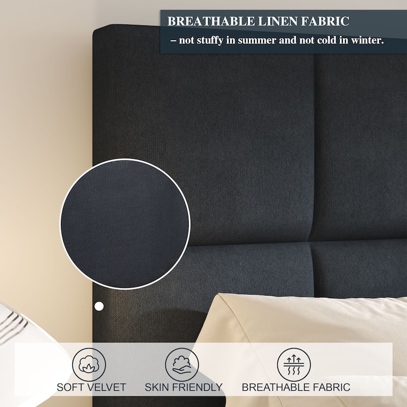 King Size Bed Frame - Faux Leather & Linen Fabric Options with Velcro Assembly, Strong Metal Frame & Noise-Free Support
