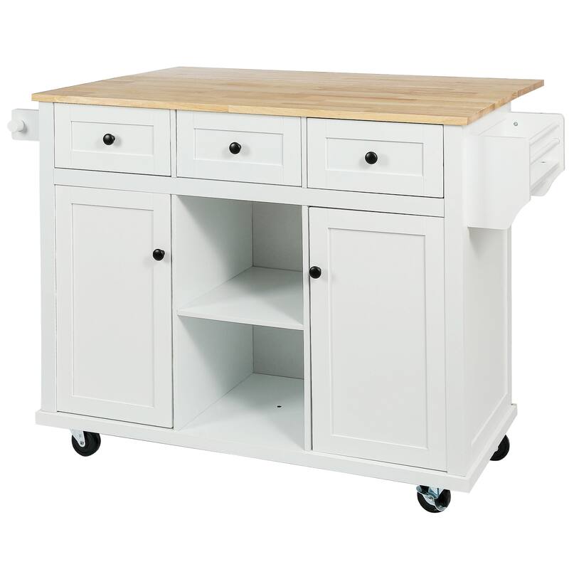 53.10 '' Rubberwood Kitchen Cart with Drop-Leaf, Adjustable Shelf, Rolling Wheels, and 3 Drawers - 53.1'' x 29.5'' x 37.2''