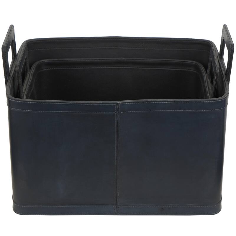 Leather Handmade Decorative and Functional Storage Basket with Handles - Set of 2 Dark Blue or Brown - Roche River Decor