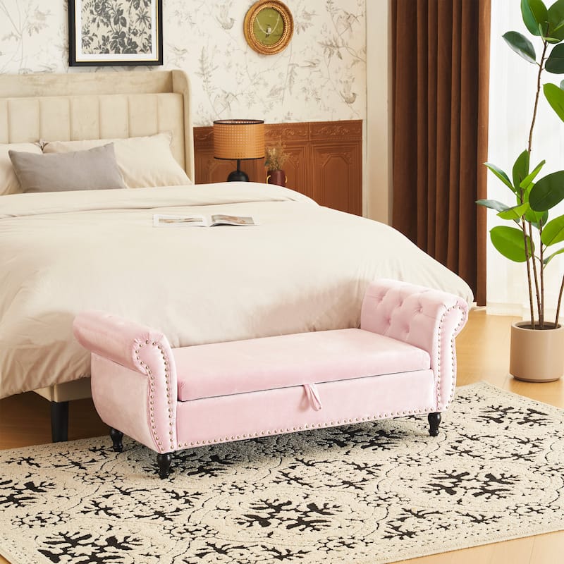 51.25" Velvet Storage Ottoman Bench with Rolled Arms and Wood Legs
