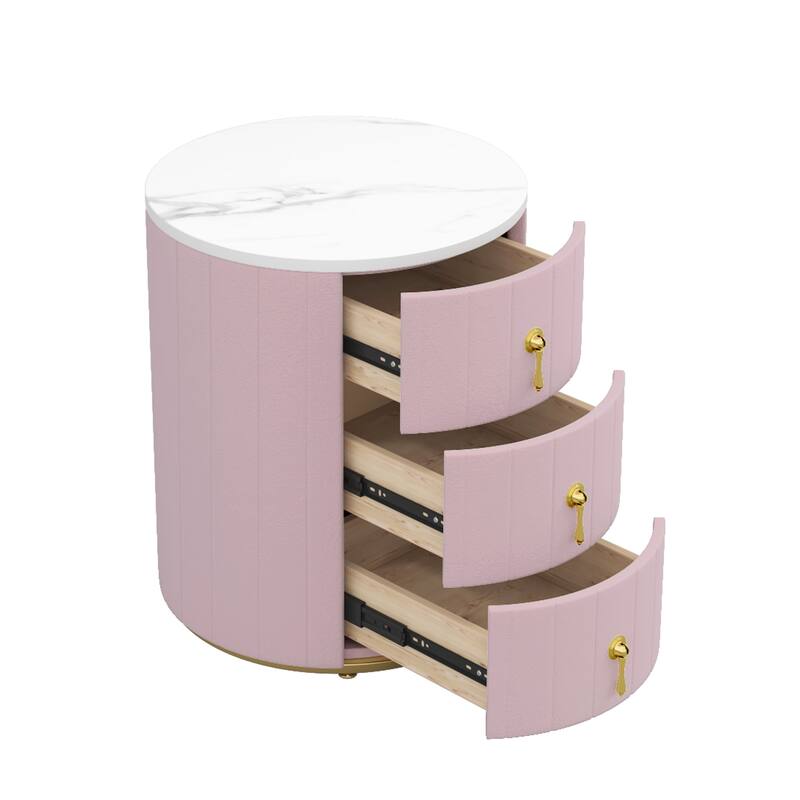 Upholstered 3-Drawer Nightstand - Round Marbling Top Bedside Table (Fully Assembled Except Handles, Pink)