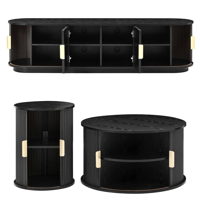 Fluted Sliding Door TV Stand & Coffee Table Set, Wooden Media Cabinet TV Console for TVs up to 75", 3-Piece Living Room Set