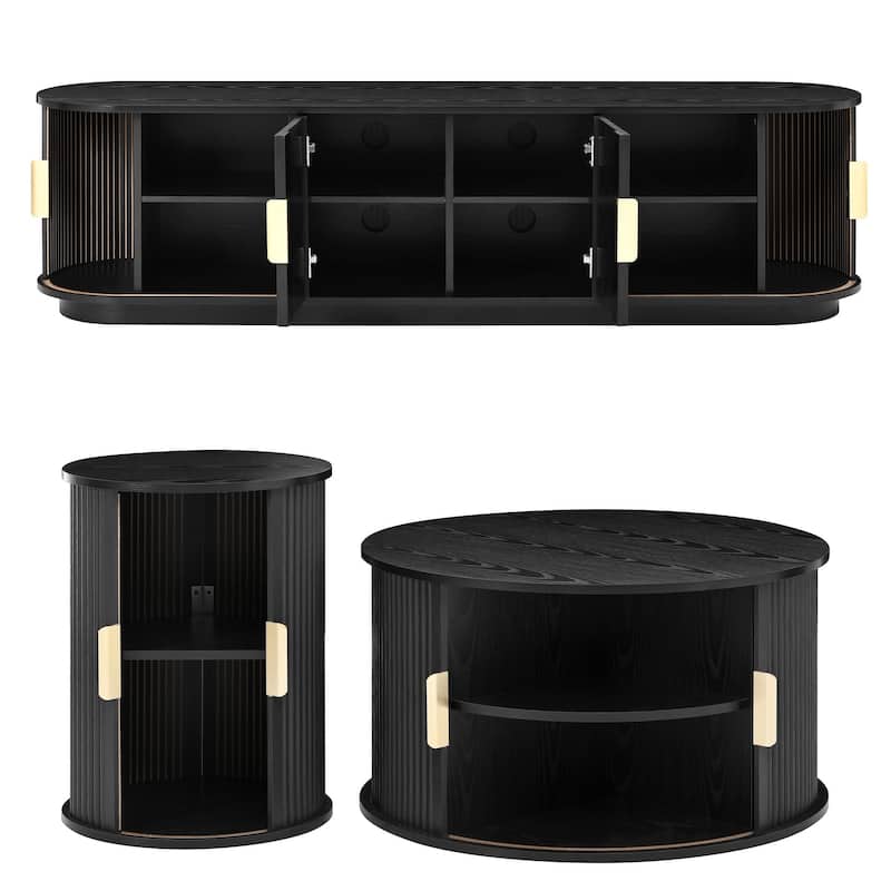 Roomfitters Wooden TV Stand & Coffee Table Set with Fluted Sliding Doors, Golden Handles & Cable Hole for TVs up to 75"