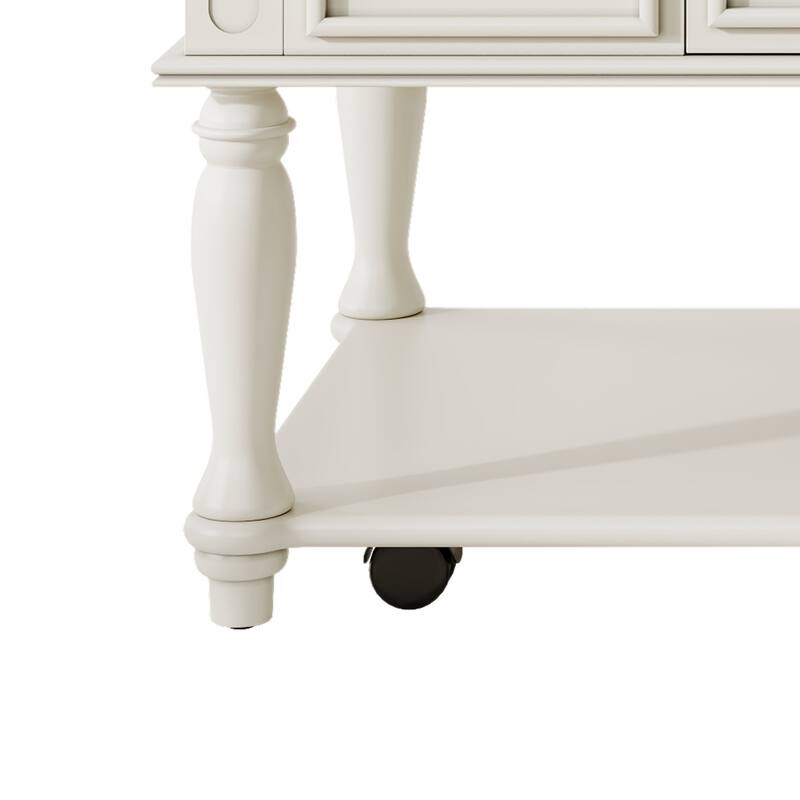 Farmhouse Coffee Table with One Drawer, Movable Rectangular Cocktail Table with Lockable Wheels, Solid Wood Legs