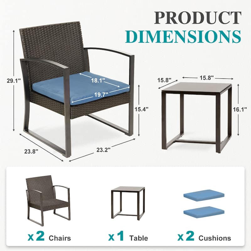 Aoodor 3-Piece Patio Furniture Set, Outdoor Rattan Wicker Chairs and Coffee Table